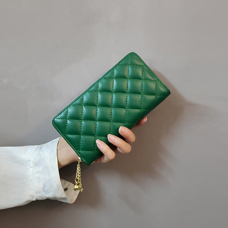 Green Checkered Women's Classic Quilted Long Wallet Premium Diamond Stitch Zip Around Card Holder With Multiple Compartments Wallets