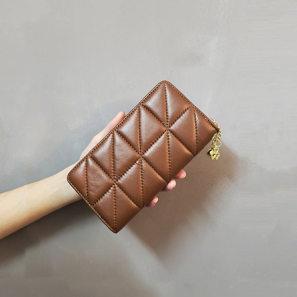 Brown Triangle Women's Classic Quilted Long Wallet Premium Diamond Stitch Zip Around Card Holder With Multiple Compartments Wallets