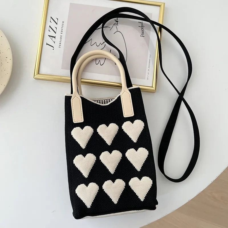 Black 3Pcs Cute Heart Knit Phone Crossbody Bag Korean Style Mini Shoulder Purse For Women Women's Bags & Handbags