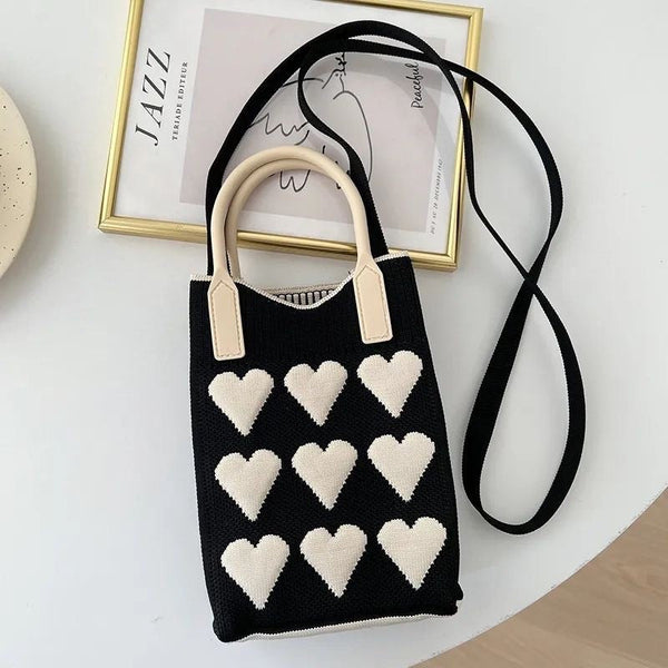 Black 3Pcs Cute Heart Knit Phone Crossbody Bag Korean Style Mini Shoulder Purse For Women Women's Bags & Handbags