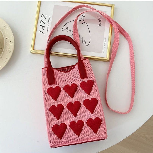 Red 3Pcs Cute Heart Knit Phone Crossbody Bag Korean Style Mini Shoulder Purse For Women Women's Bags & Handbags