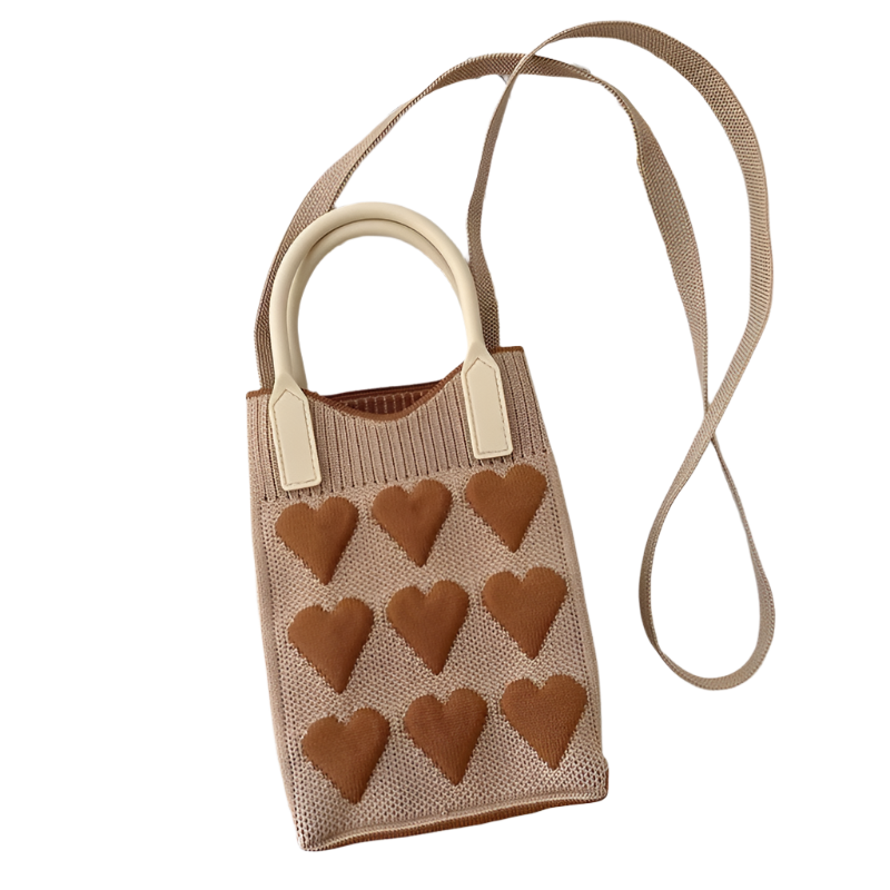 Khaki Heart Knit Crossbody Bag Cute Mini Shoulder Purse For Women Korean Style Women's Bags & Handbags