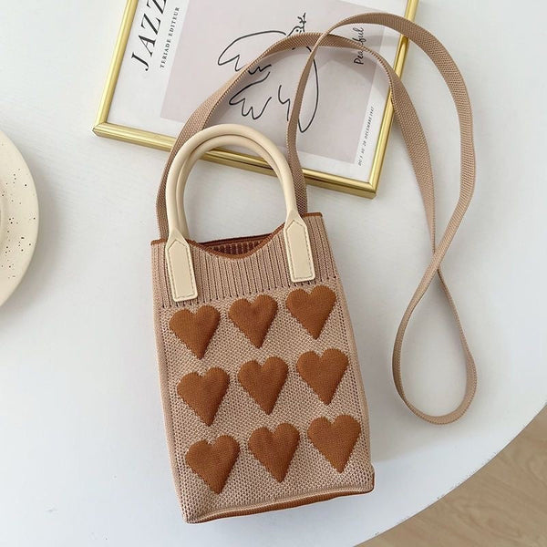 Khaki Heart Knit Crossbody Bag Cute Mini Shoulder Purse For Women Korean Style Women's Bags & Handbags
