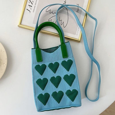 Light Blue 3Pcs Cute Heart Knit Phone Crossbody Bag Korean Style Mini Shoulder Purse Women's Bags & Handbags