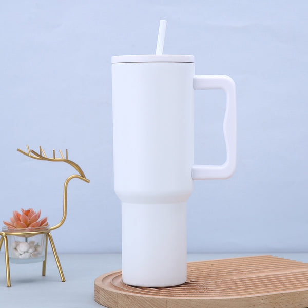 White 40Oz Stainless Steel Tumbler With Handle & Straw Large Capacity Car Cup Water Bottles & Vacuum Flasks