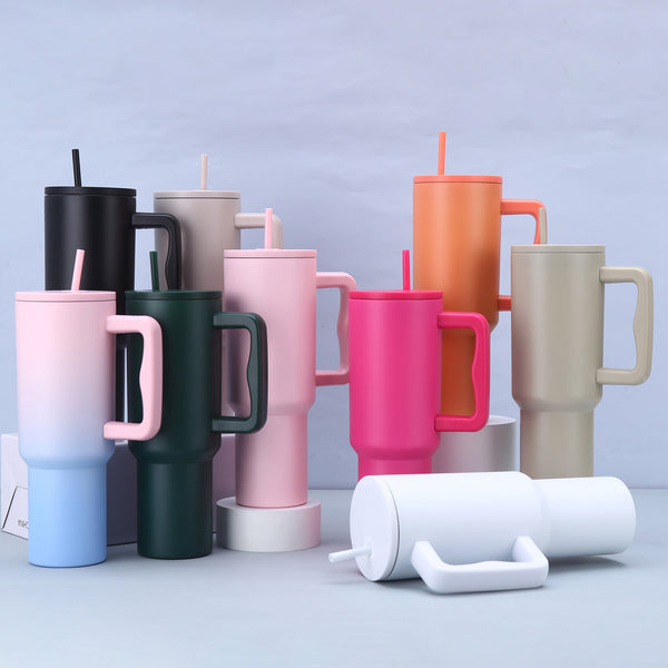 White 40Oz Stainless Steel Tumbler With Handle & Straw Large Capacity Car Cup Water Bottles & Vacuum Flasks