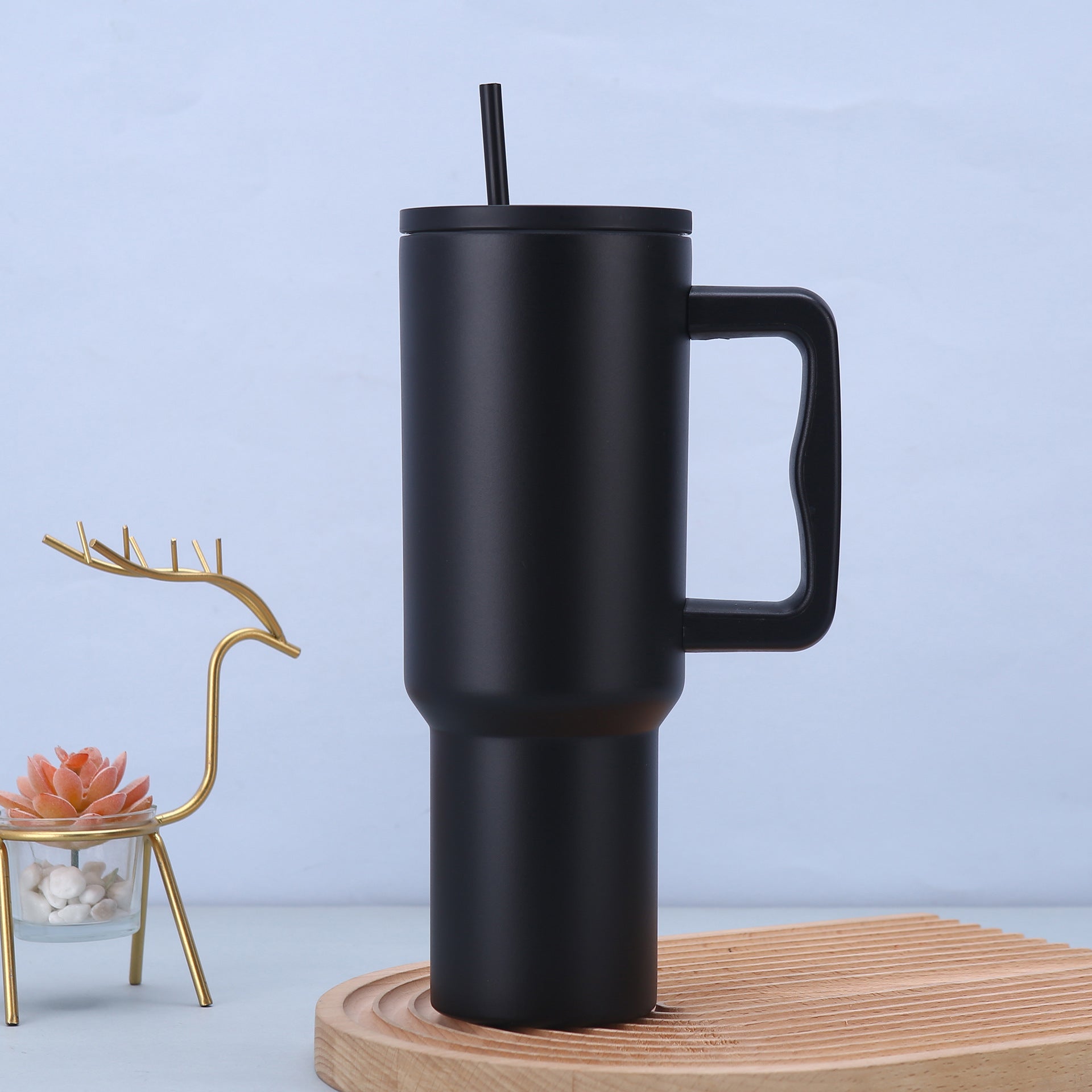 Black 40Oz Stainless Steel Tumbler With Handle & Straw Large Capacity Car Cup Water Bottles & Vacuum Flasks