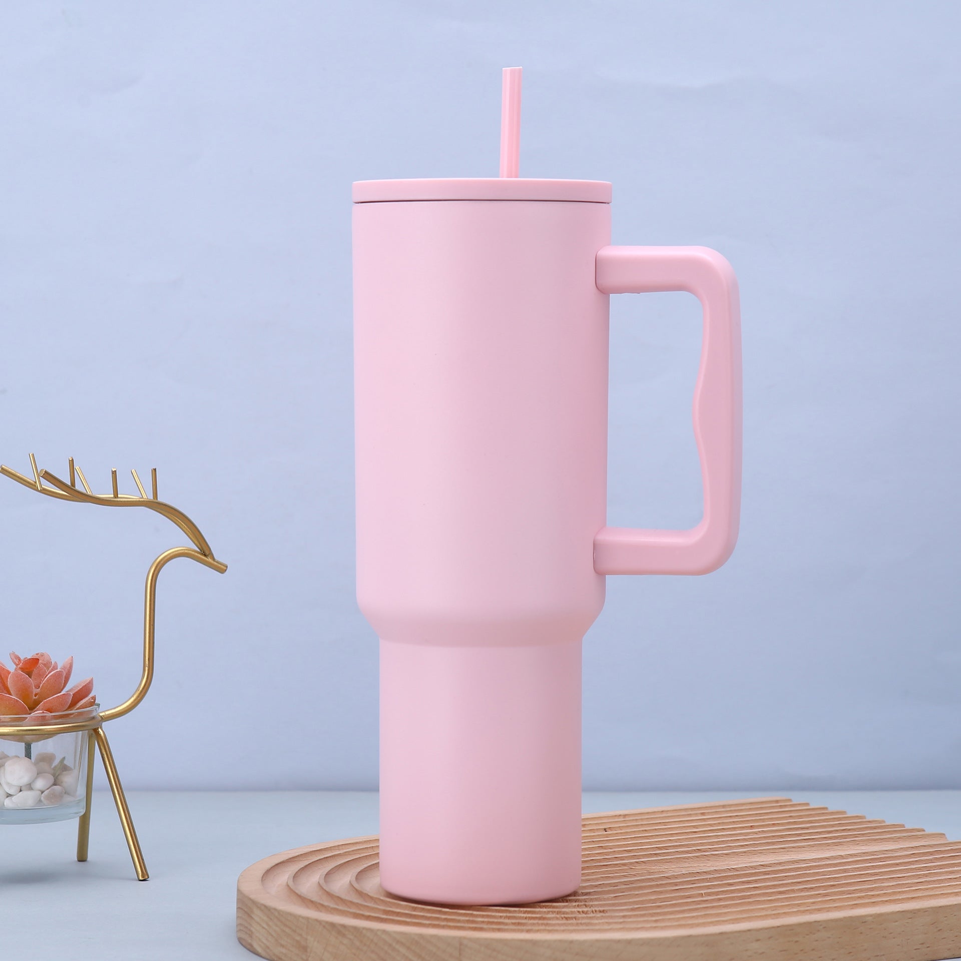 Large Pink Stainless Steel Tumbler With Handle And Straw For Car Travel Water Bottles & Vacuum Flasks