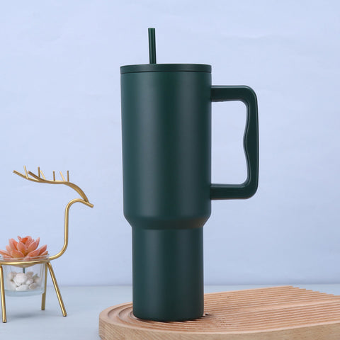 Dark Green 40Oz Stainless Steel Tumbler With Handle And Straw Large Capacity Car Cup Water Bottles & Vacuum Flasks
