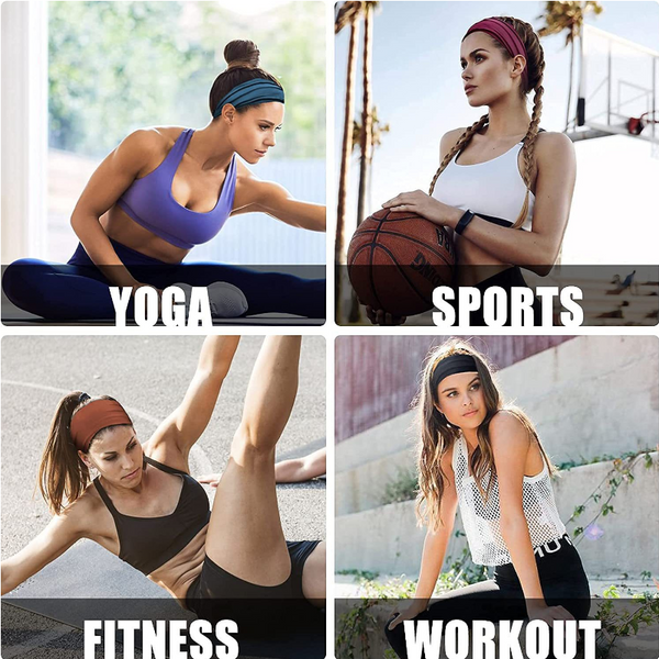 Black 5 Pack Wide Sports Headbands For Women Non Slip Yoga Headwraps With Sweat Wicking Fabric (88% Nylon+12% Spandex) Hats & Headwear