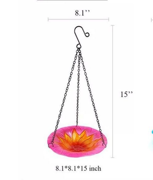 Pink Decorative Hanging Glass Flower Bird Bath 8.1 Inch Vibrant Outdoor Garden Accent Bird Baths