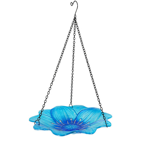 Blue Decorative Hanging Glass Flower Bird Bath 10 Inch Vibrant Outdoor Garden Accent Bird Baths
