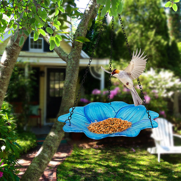 Blue Decorative Hanging Glass Flower Bird Bath 10 Inch Vibrant Outdoor Garden Accent Bird Baths