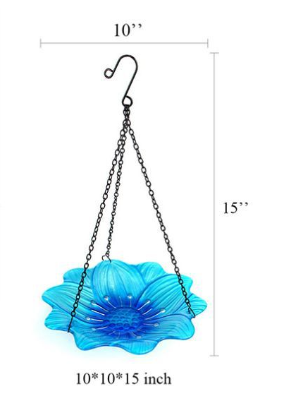 Blue Decorative Hanging Glass Flower Bird Bath 10 Inch Vibrant Outdoor Garden Accent Bird Baths