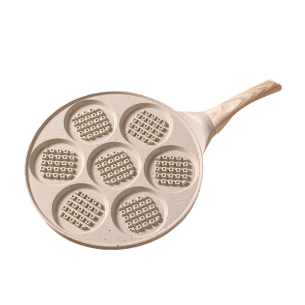Beige Waffle + Wood Grain Handle (Gas Model) Non Stick Pancake 7 Hole Fun Shapes Breakfast Griddle (27Cm) Frying & Grill Pans