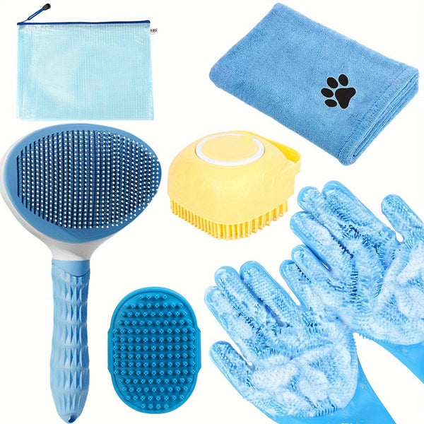 Blue 6 Piece Bath Set Absorbent Microfiber Towels & Wash Mitts For Shiny Coats Dog Grooming