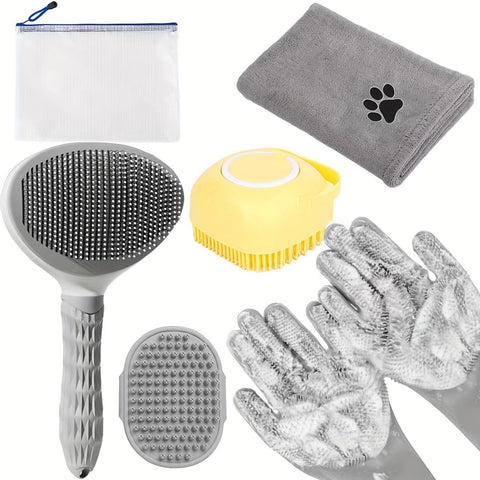 Grey 6 Piece Bath Set Absorbent Microfiber Towels & Wash Mitts For Shiny Coats Dog Grooming