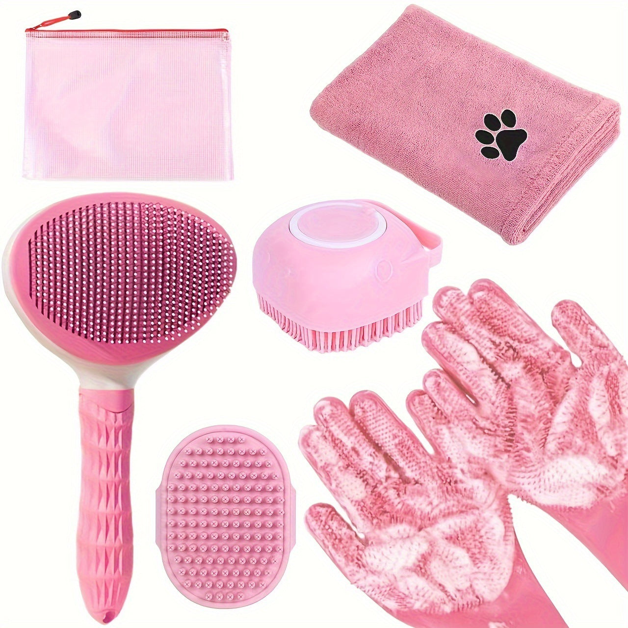 Pink 6 Piece Bath Set Absorbent Microfiber Towels & Wash Mitts For Shiny Coats Dog Grooming