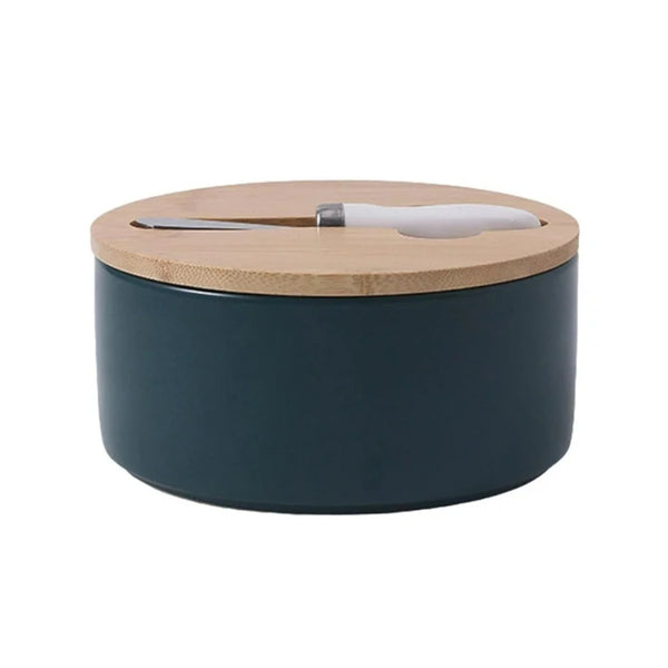 Green Nordic Ceramic Butter Dish With Knife Airtight Cheese Container Bamboo Lid Kitchen Storage Butter Dishes