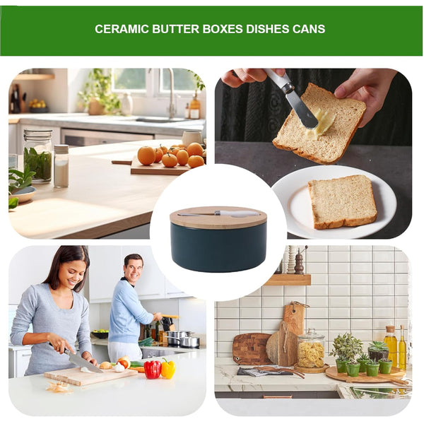 Green Nordic Ceramic Butter Dish With Knife Airtight Cheese Container Bamboo Lid Kitchen Storage Butter Dishes