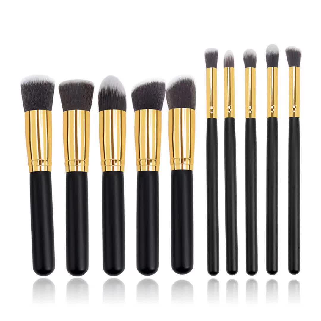 10 Piece Black And Gold Makeup Brush Set Large Small For Professional Beauty Application Brushes