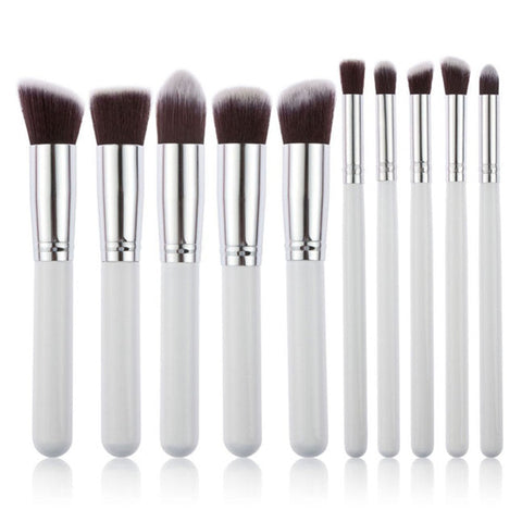 10 Piece White Silver Makeup Brush Set Large And Small For Professional Beauty Application Brushes