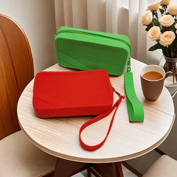 Red Silicone Zipper Storage Pouch Stylish Multi Purpose Organiser With Wrist Strap Women's Bags & Handbags