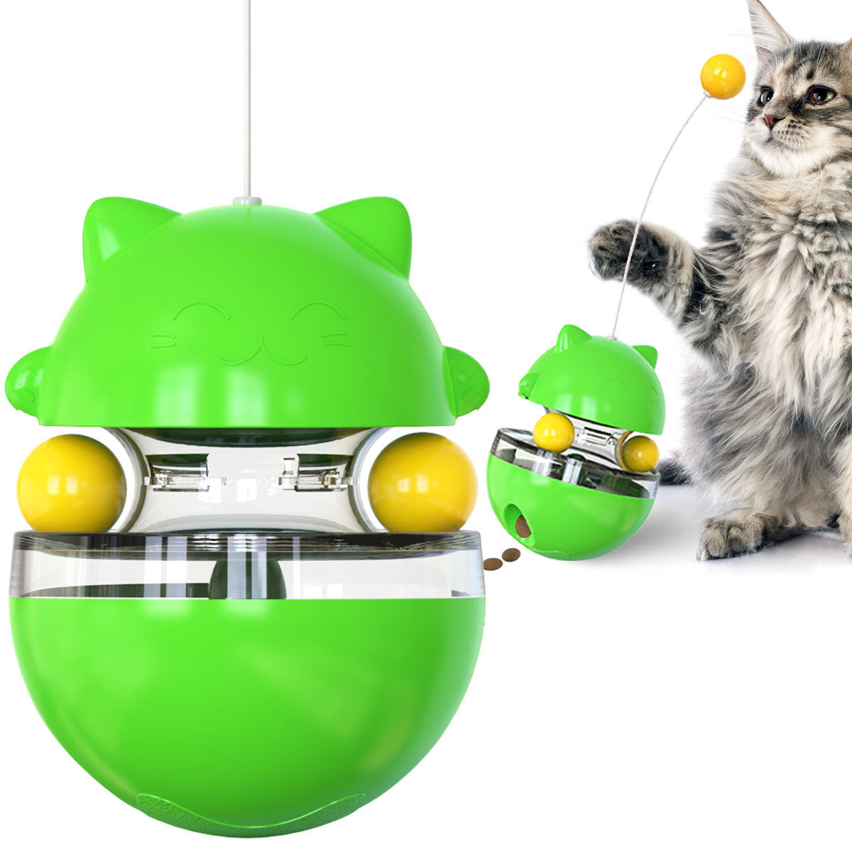 Cat Teaser Cup Toy Interactive Treat Dispensing Ball With Wand (Green) Cat Toys