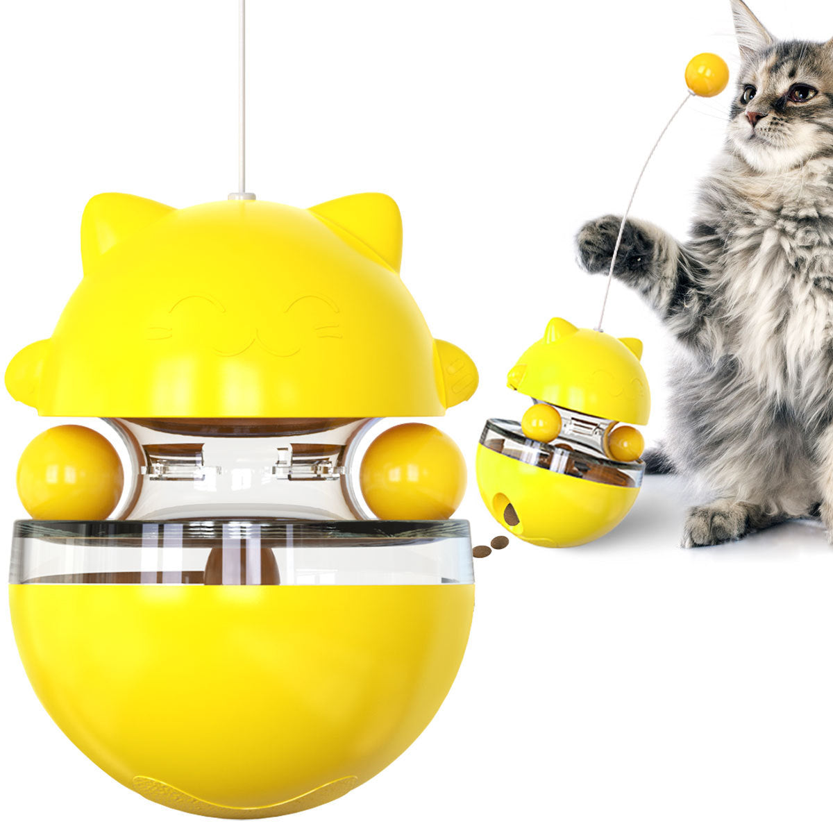 Cat Teaser Cup Toy Interactive Treat Dispensing Ball With Wand (Yellow) Cat Toys