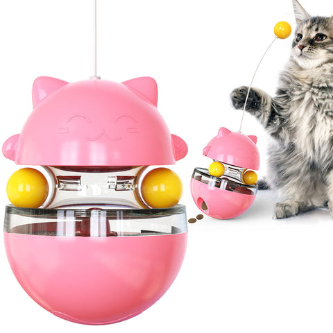Cat Teaser Cup Toy Interactive Treat Dispensing Ball With Wand (Pink) Cat Toys