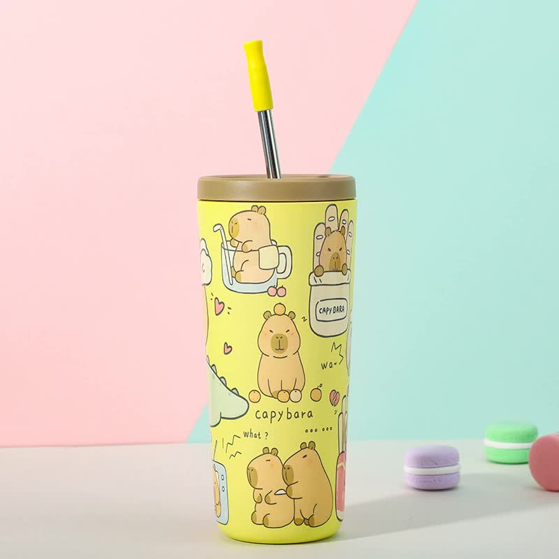 304 Stainless Steel Insulated Tumbler Cartoon Design Portable Straw Cup For Home And Office Yellow Water Bottles & Vacuum Flasks