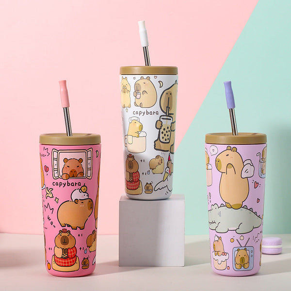 304 Stainless Steel Insulated Tumbler Cartoon Design Portable Straw Cup For Home And Office Yellow Water Bottles & Vacuum Flasks