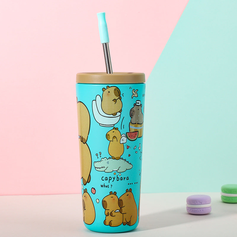304 Stainless Steel Insulated Tumbler Cartoon Design Portable Straw Cup For Home And Office Lake Blue Water Bottles & Vacuum Flasks