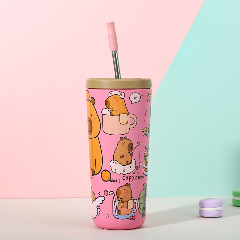 304 Stainless Steel Insulated Tumbler Cartoon Design Portable Straw Cup For Home And Office Pink Water Bottles & Vacuum Flasks