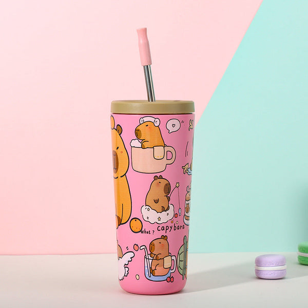 304 Stainless Steel Insulated Tumbler Cartoon Design Portable Straw Cup For Home And Office Pink Water Bottles & Vacuum Flasks