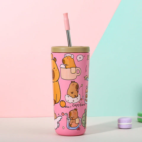 304 Stainless Steel Insulated Tumbler Cartoon Design Portable Straw Cup For Home And Office Pink Water Bottles & Vacuum Flasks