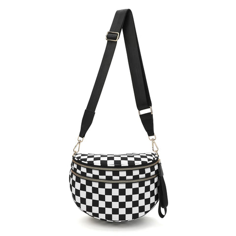 Oxford Cloth Crossbody Bag Large Capacity Shell Shaped Fanny Pack With Adjustable Strap (Black And White Plaid) Women's Bags & Handbags