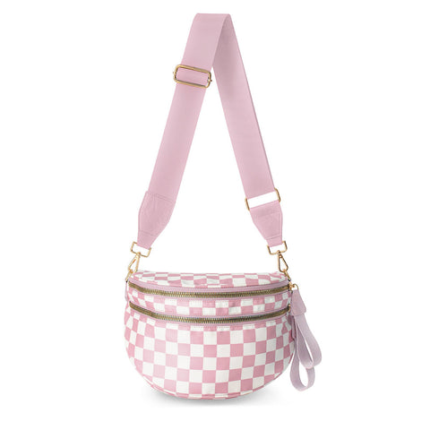 Oxford Cloth Crossbody Bag Large Capacity Shell Shaped Fanny Pack With Adjustable Strap (Pink And White Plaid) Women's Bags & Handbags
