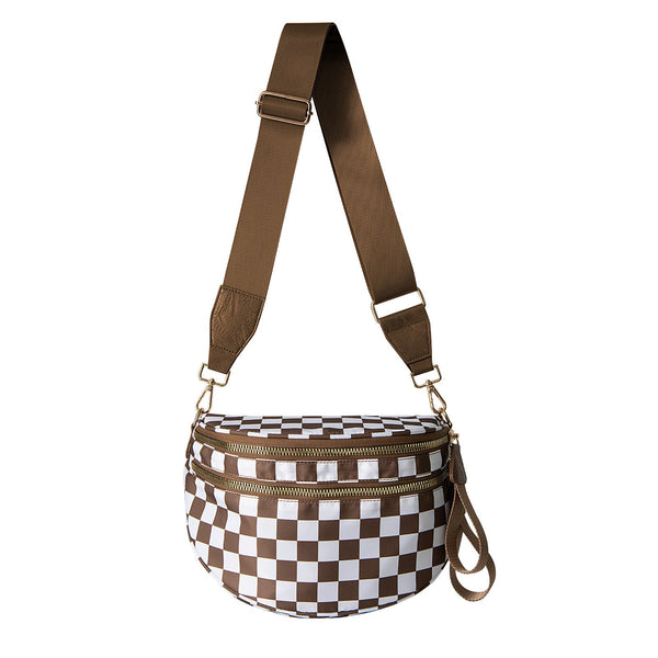 Oxford Cloth Crossbody Bag Large Capacity Shell Shaped Fanny Pack With Adjustable Strap (Brown Plaid) Women's Bags & Handbags