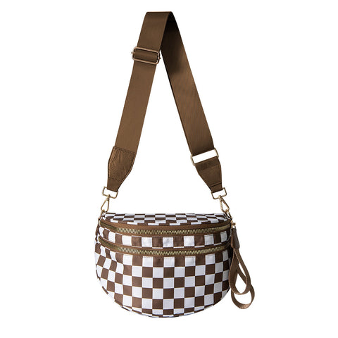 Oxford Cloth Crossbody Bag Large Capacity Shell Shaped Fanny Pack With Adjustable Strap (Brown Plaid) Women's Bags & Handbags