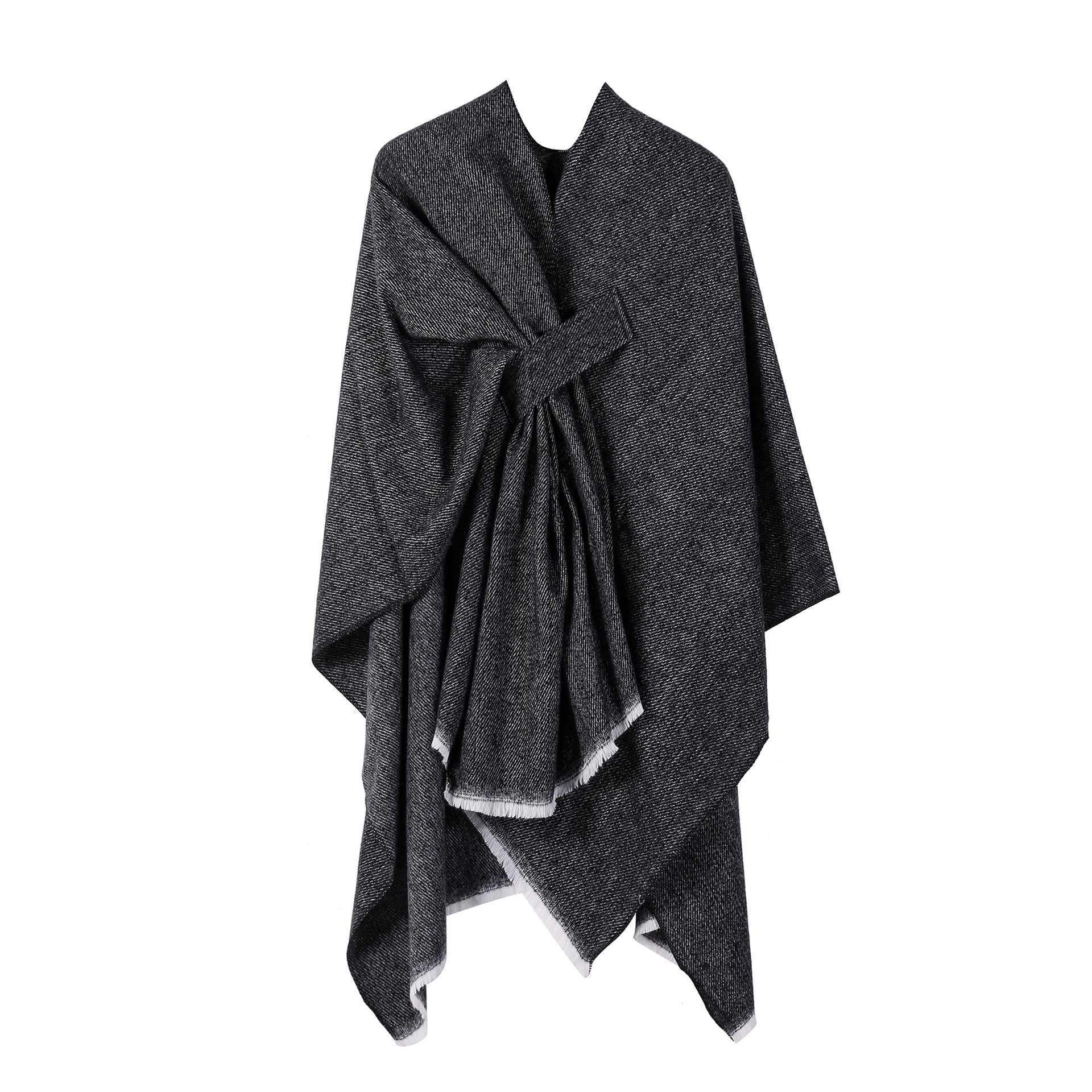 Solid Knit Poncho Shawlwarm Fall/Winter Cape With Slit And Crossbar Design(Black) Scarves & Wraps