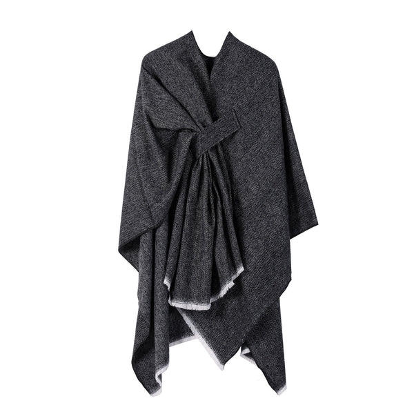 Solid Knit Poncho Shawlwarm Fall/Winter Cape With Slit And Crossbar Design(Black) Scarves & Wraps