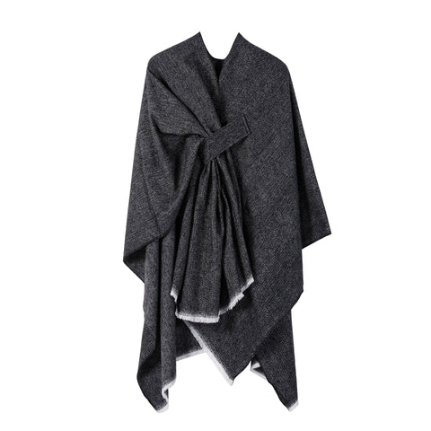 Solid Knit Poncho Shawlwarm Fall/Winter Cape With Slit And Crossbar Design(Black) Scarves & Wraps
