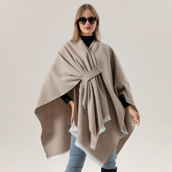 Solid Knit Poncho Shawlwarm Fall/Winter Cape With Slit And Crossbar Design(Dark Gray) Scarves & Wraps