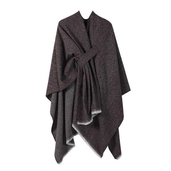Solid Knit Poncho Shawlwarm Fall/Winter Cape With Slit And Crossbar Design(Coffee) Scarves & Wraps