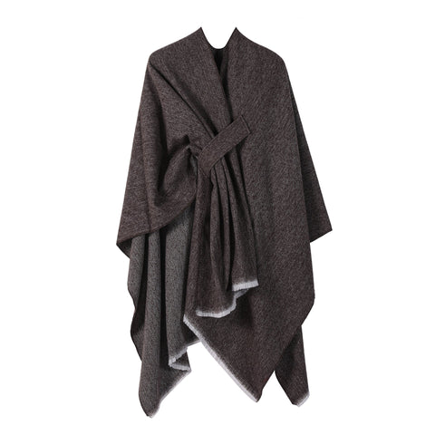 Solid Knit Poncho Shawlwarm Fall/Winter Cape With Slit And Crossbar Design(Coffee) Scarves & Wraps