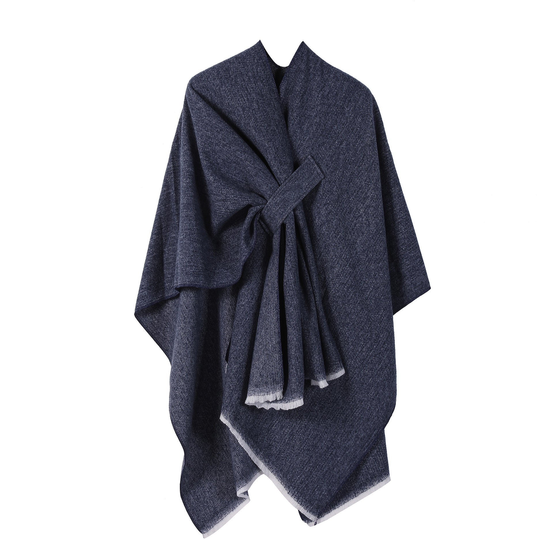 Solid Knit Poncho Shawl Warm Fall Winter Cape With Slit And Crossbar Design Navy Blue Scarves & Wraps