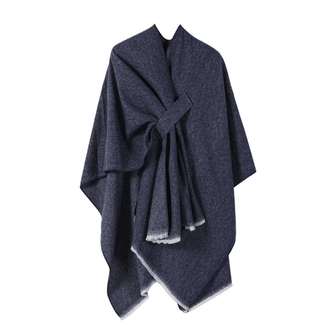 Solid Knit Poncho Shawl Warm Fall Winter Cape With Slit And Crossbar Design Navy Blue Scarves & Wraps