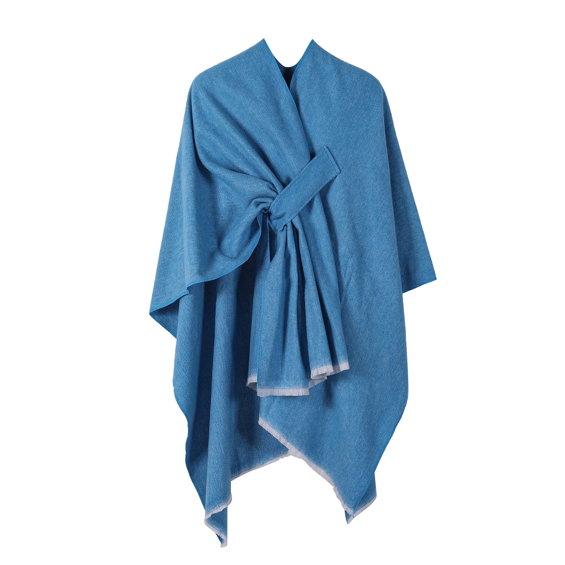 Solid Knit Poncho Shawlwarm Fall/Winter Cape With Slit And Crossbar Design(Blue) Scarves & Wraps