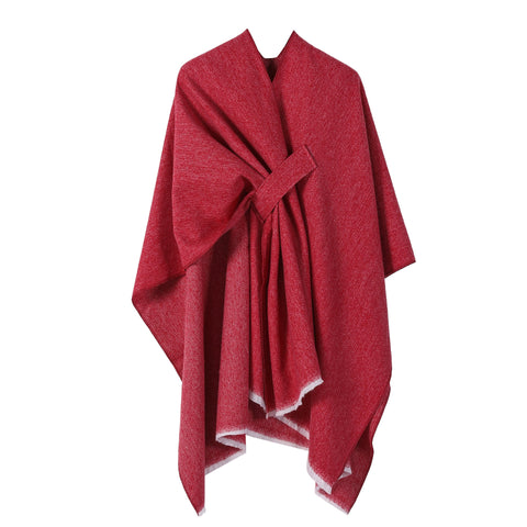Solid Knit Poncho Shawl Warm Fall Winter Cape With Slit And Crossbar Design Red Scarves & Wraps